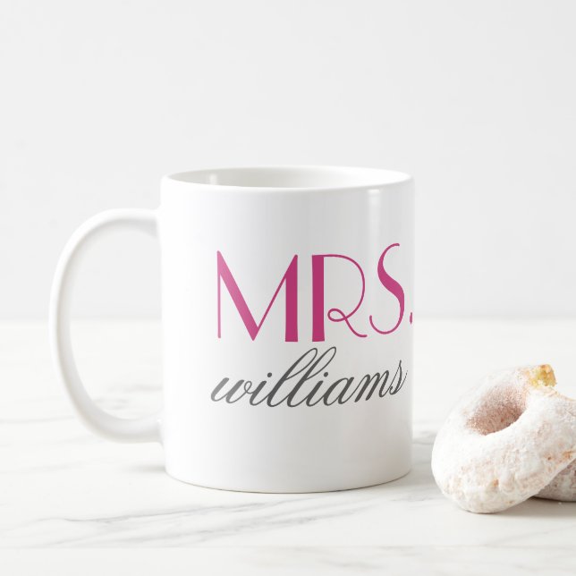 Mrs Elegant Hot Pink Personalised Wedding Monogram Coffee Mug (With Donut)