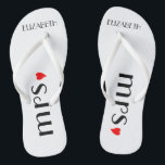 Mrs. Flip Flops | Brides Wedding<br><div class="desc">A cute addition to your beach or poolside wedding! White flip flops with the word "Mrs.",  a red heart and the brides name are personalised. To see matching groom's flip flops- Please visit my store "The Hungarican Princess" at www.zazzle.com/hungaricanprincess*. Look in my "Flip Flops" department category. Congratulations!</div>