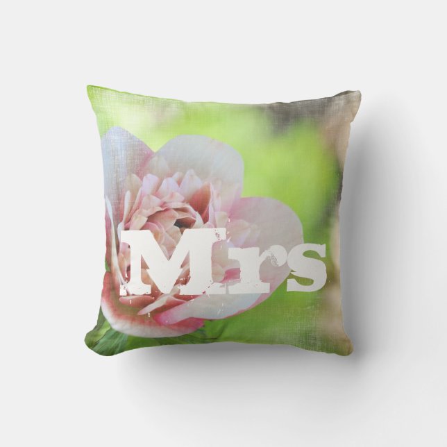 Mrs. Garden Wedding Floral Pink Peony Pillow (Front)