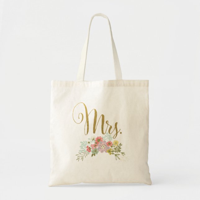 Mrs Gold Floral Wedding Day Bride Gift Tote Bag (Front)