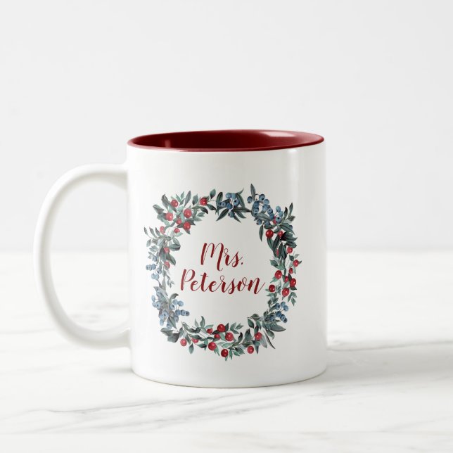 Mrs Holidays  Christmas Berries Wreath Two-Tone Coffee Mug (Left)