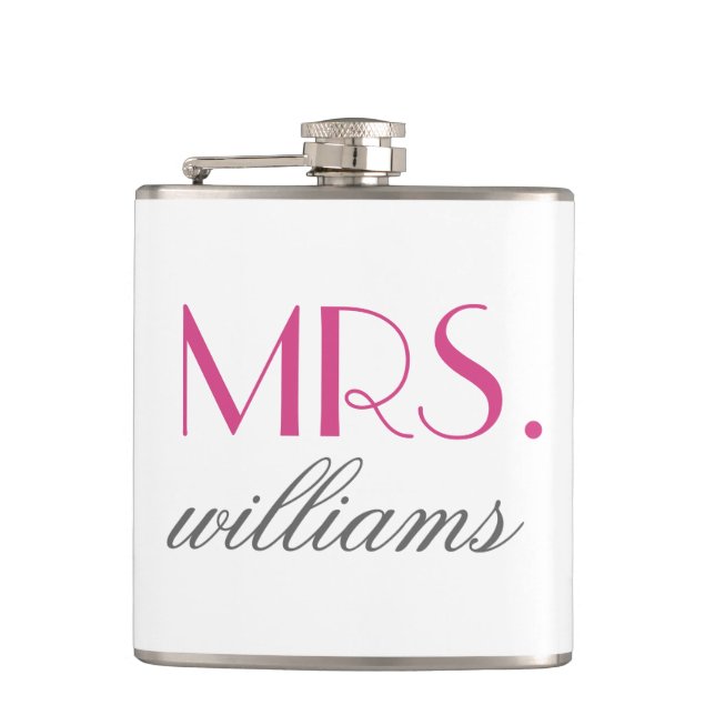 Mrs Hot Pink Modern Wedding Custom Name Hip Flask (Front)