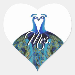 Mrs Kissing Peacock Gatsby Roaring 20s Blue Green Heart Sticker