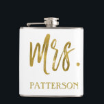 Mrs. Last Name Flask with Gold Foil Typography<br><div class="desc">Mrs. Last Name White Flask with Gold Foil Typography. The Mrs. Last Name flask  make a perfect bridal shower or honeymoon gift for the bride and matches the Mr. Silver flask for the husband.</div>