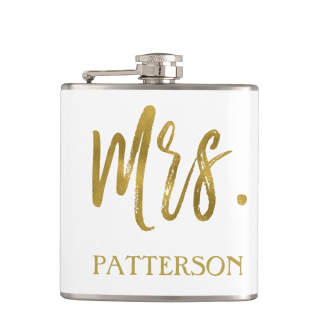 Mrs. Last Name Flask with Gold Foil Typography (Front)