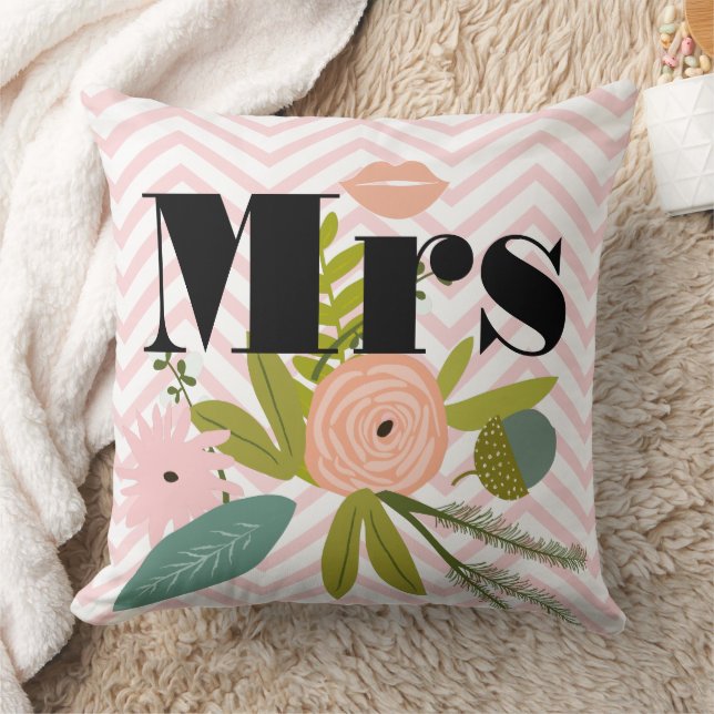 Mrs Lips Pinky Peach Zig Zag Green Teal Floral Cushion (Blanket)