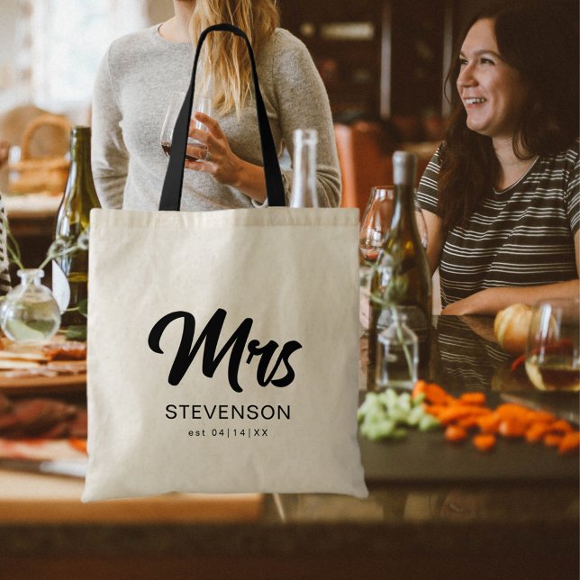 Mrs Minimalist Modern Black Script Newlywed Tote Bag (Creator Uploaded)