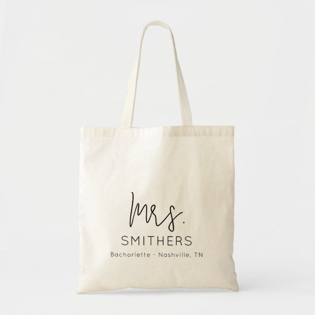 Mrs. Modern Black Script Wedding Bachelorette Tote Bag (Front)