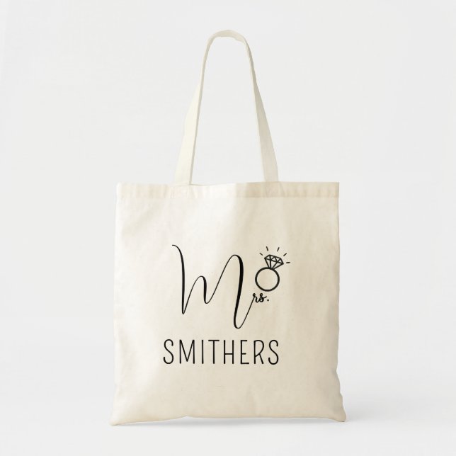 Mrs. Modern Black Script Wedding Newlywed Monogram Tote Bag (Front)