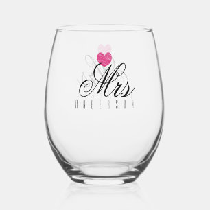 Mrs Modern Script Custom Wedding Stemless Wine Glass
