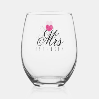 Mrs Modern Script Custom Wedding Stemless Wine Glass