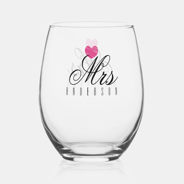 Mrs Modern Script Custom Wedding Stemless Wine Glass (Front)