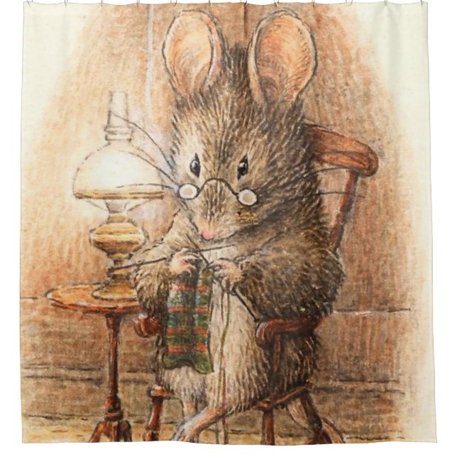 “Mrs Mouse Knitting” by Beatrix Potter Shower Curtain (Front)