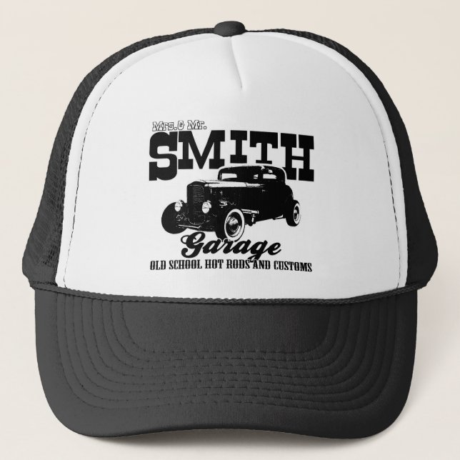Mrs.& Mr. Smith Hot-Rod Garage Trucker Hat (Front)