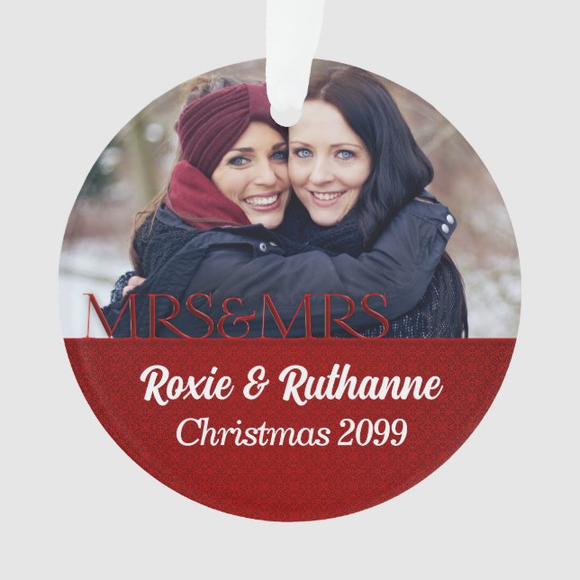 Mrs & Mrs 1st Christmas Red Damask Photo Ornament (Front)