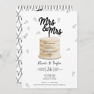 Mrs. & Mrs. Cake & Hearts Black White Engagement Invitation