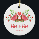 Mrs & Mrs Cardinal Lovebirds Personalised Ceramic Tree Decoration<br><div class="desc">Decorate your tree with this "Mrs & Mrs" design, featuring a pretty watercolor of two red cardinals. The lovebirds are face to face, perched on seasonal evergreens with a heart in between them. Underneath "Mrs and Mrs" is written in fun modern typography and you can personalise with the couple's first...</div>