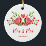 Mrs & Mrs Cardinal Lovebirds Personalised Ceramic Tree Decoration<br><div class="desc">Decorate your tree with this "Mrs & Mrs" design, featuring a pretty watercolor of two red cardinals. The lovebirds are face to face, perched on seasonal evergreens with a heart in between them. Underneath "Mrs and Mrs" is written in fun modern typography and you can personalise with the couple's first...</div>