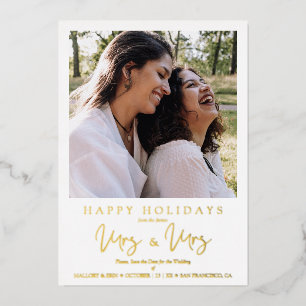 MRS & MRS Christmas Wedding LGBT Lesbian Photo Foil Holiday Card