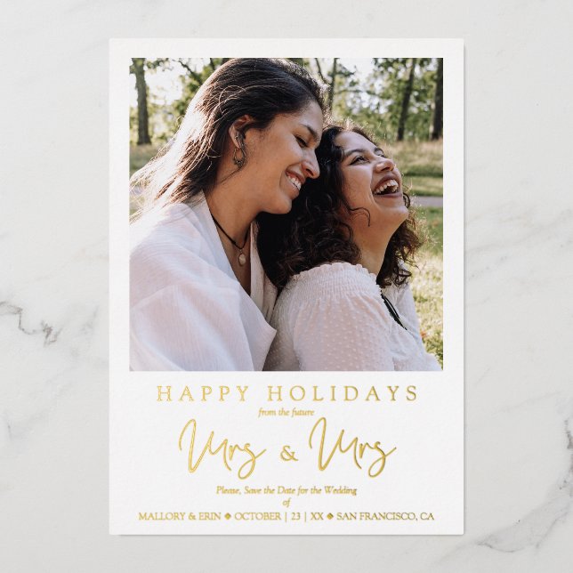 MRS & MRS Christmas Wedding LGBT Lesbian Photo Foil Holiday Card (Front)