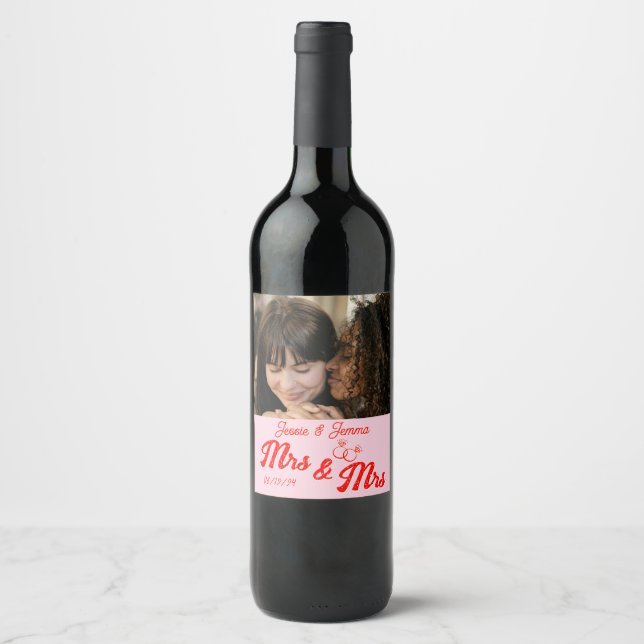 Mrs & Mrs Cute Lesbian Photo Wedding Thank You Wine Label (Front)