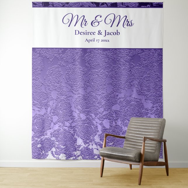 Mrs & Mrs Elegant Purple White Backdrop Tapestry (In Situ)
