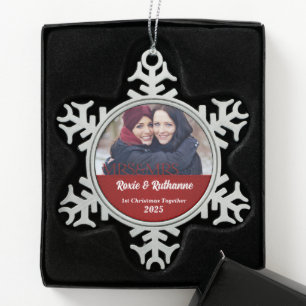 Mrs. & Mrs. Lesbian   1st Christmas   Red Photo Snowflake Pewter Christmas Ornament