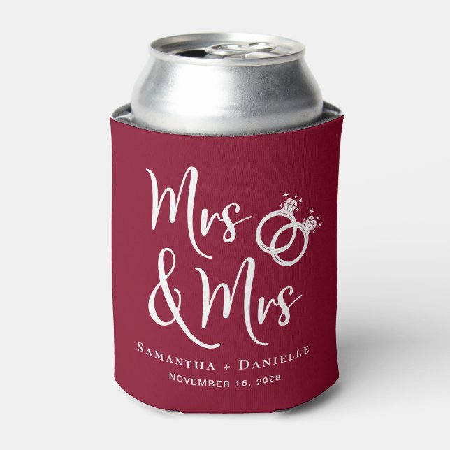 Mrs & Mrs Lesbian Burgundy Wedding Favour Can Cooler (Can Front)