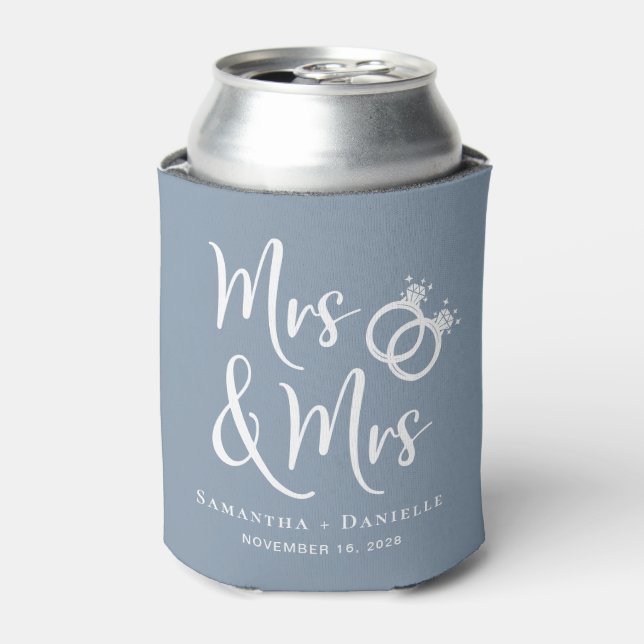 Mrs & Mrs Lesbian Dusty Blue Wedding Favour Can Cooler (Can Front)