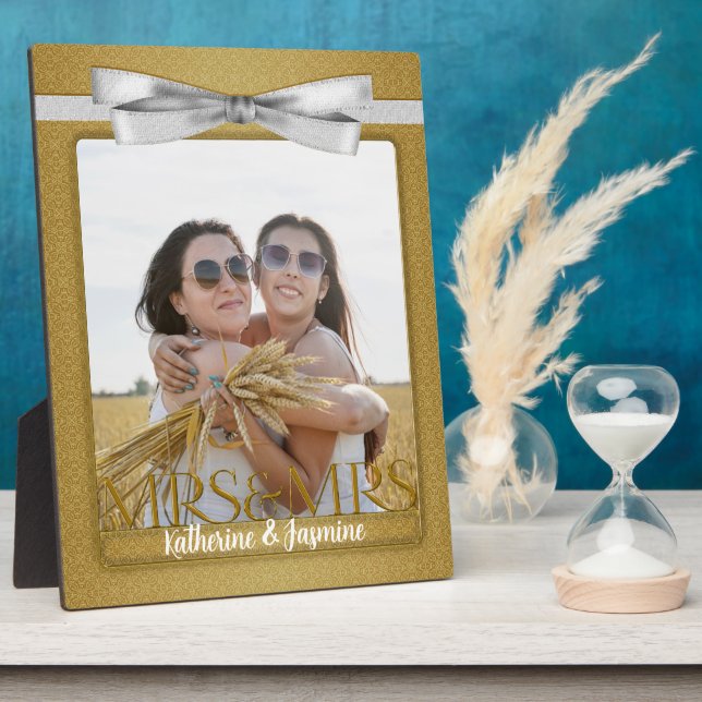 Mrs & Mrs Lesbian Gay Wedding Gold Photo Plaque (Side)