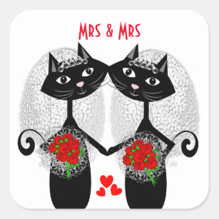 Mrs + Mrs Lesbian Marriage Cat Cute Brides Wedding Square Sticker