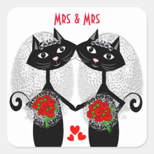 Mrs + Mrs Lesbian Marriage Cat Cute Brides Wedding Square Sticker
