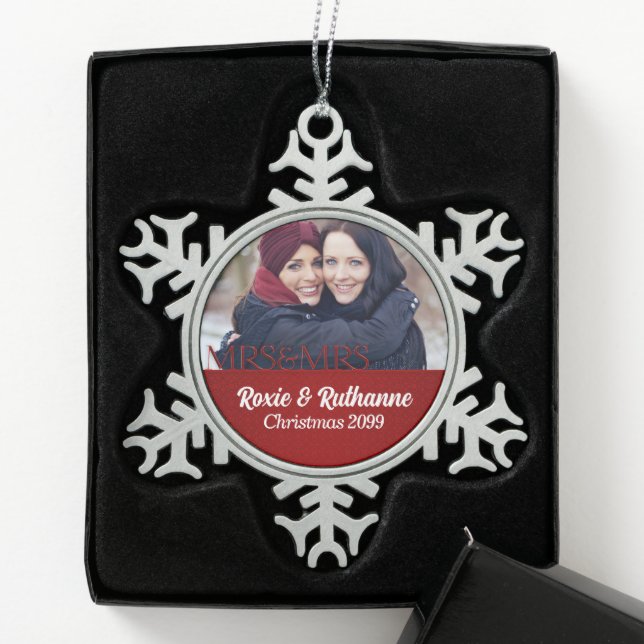 Mrs & Mrs Lesbian Marriage Red Damask Photo Snowflake Pewter Christmas Ornament (Box)