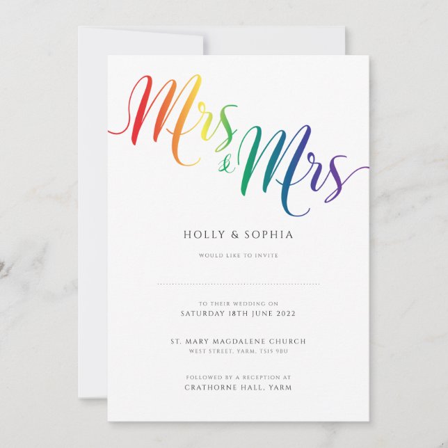 Mrs & Mrs Lesbian Wedding Invitation Rainbow (Front)