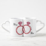 Mrs & Mrs Lesbian Wedding Rings Coffee Mug Set<br><div class="desc">A fully customisable lesbian wedding mug set for Mrs and Mrs getting married. A cute but lovely gay wedding gift that will brighten the newlyweds' mornings. Pink wedding rings with customisable names initials and dates.</div>