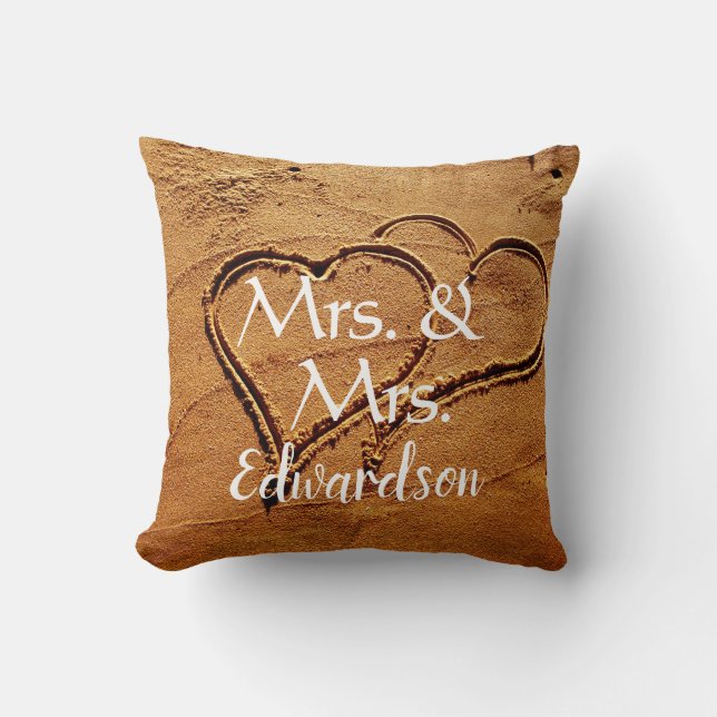 Mrs. & Mrs name two hearts in sand lesbian wedding Cushion (Front)