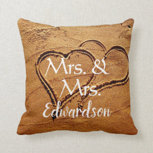 Mrs. & Mrs name two hearts in sand lesbian wedding Cushion
