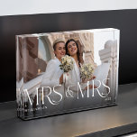 Mrs Mrs Newlywed Gift Modern Couple Photo Keepsake<br><div class="desc">Minimal and modern newlywed couple's photo block. Simple and modern design with a full photo design. Customise with your special photo,  year,  and name. "Mrs & Mrs" photo overlay in an elegant typography. A perfect keepsake for couples celebrating their marriage as Mrs and Mrs.</div>