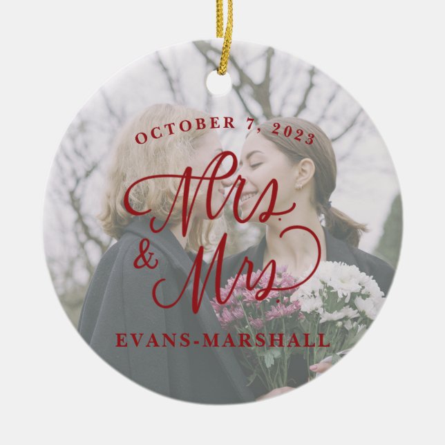 Mrs. & Mrs. Newlywed Married Photo Ceramic Tree Decoration (Front)