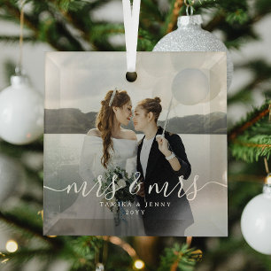 Mrs & Mrs Newlyweds Photo Christmas Script  Glass Tree Decoration