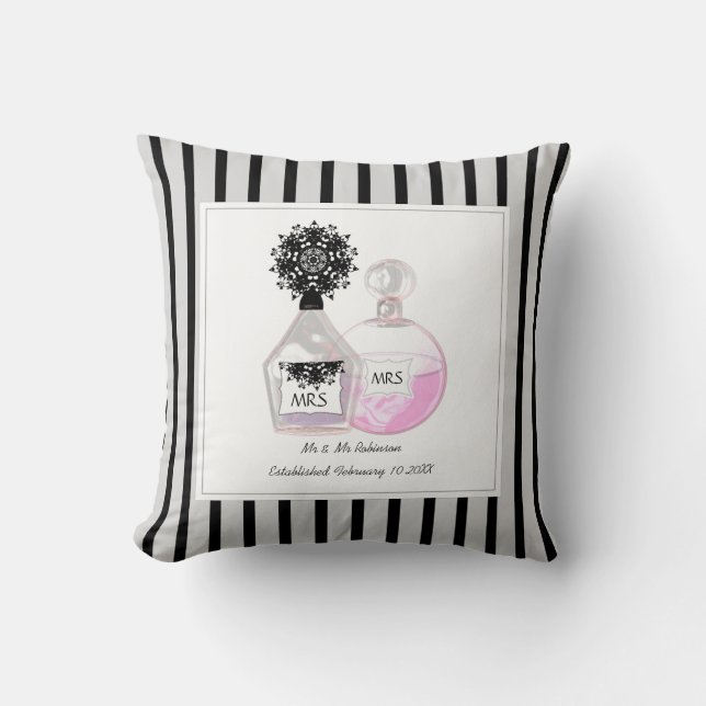 Mrs & Mrs Perfume Bottles Personalised Wedding Cushion (Front)