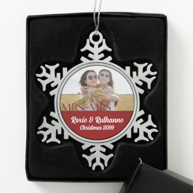 Mrs & Mrs Red Holiday Lesbian Marriage Photo Snowflake Pewter Christmas Ornament (Box)