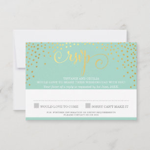 MRS & MRS RSVP REPLY stylish gold confetti mint Card