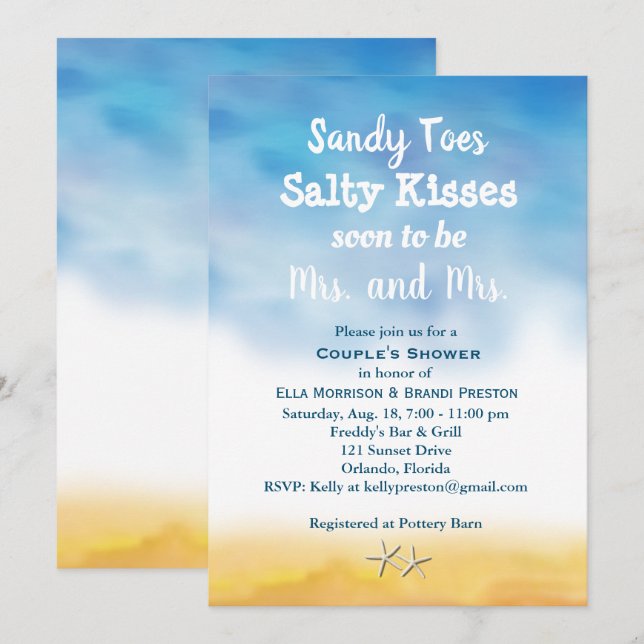Mrs. & Mrs Sandy Toes Couple's Shower - sky & sand Invitation (Front/Back)