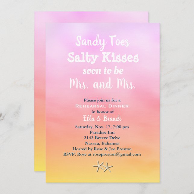 Mrs. & Mrs. Sandy Toes Rehearsal Dinner sunset Invitation (Front/Back)