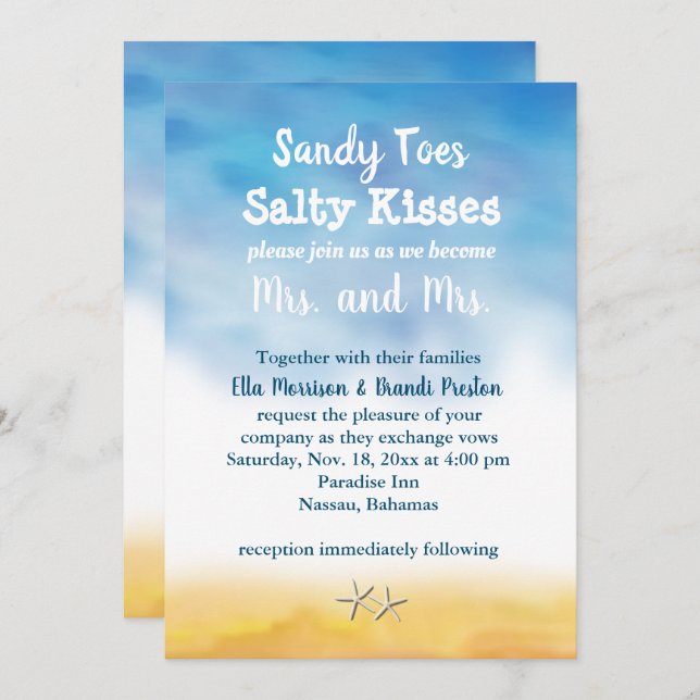 Mrs. & Mrs. Sandy Toes Wedding Invite - sky & sand (Front/Back)