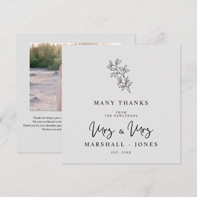 MRS & MRS Wedding Black Fancy Minimalist Branches Thank You Card (Front/Back)