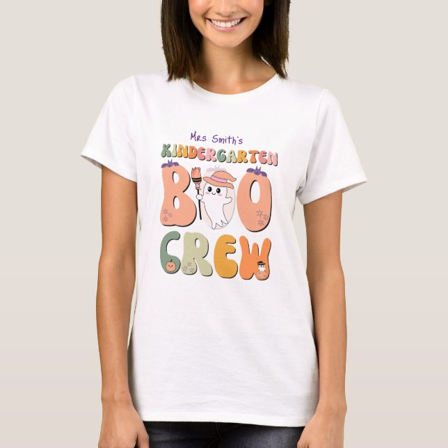 mrs Name Kindergarten Boo Crew teacher white T-Shirt (Front)