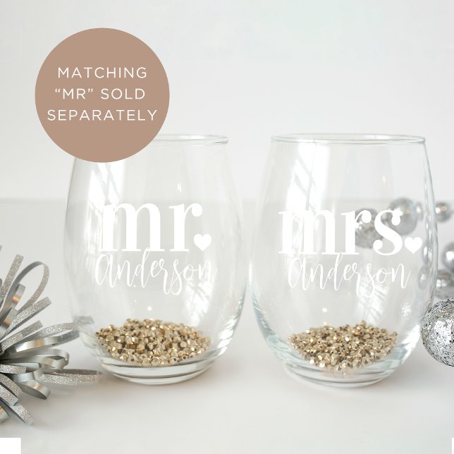 MRS. Name Personalised Wedding Stemless Wine Glass (Creator Uploaded)