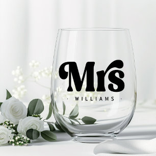 Mrs namer any colour retro font wedding stemless wine glass